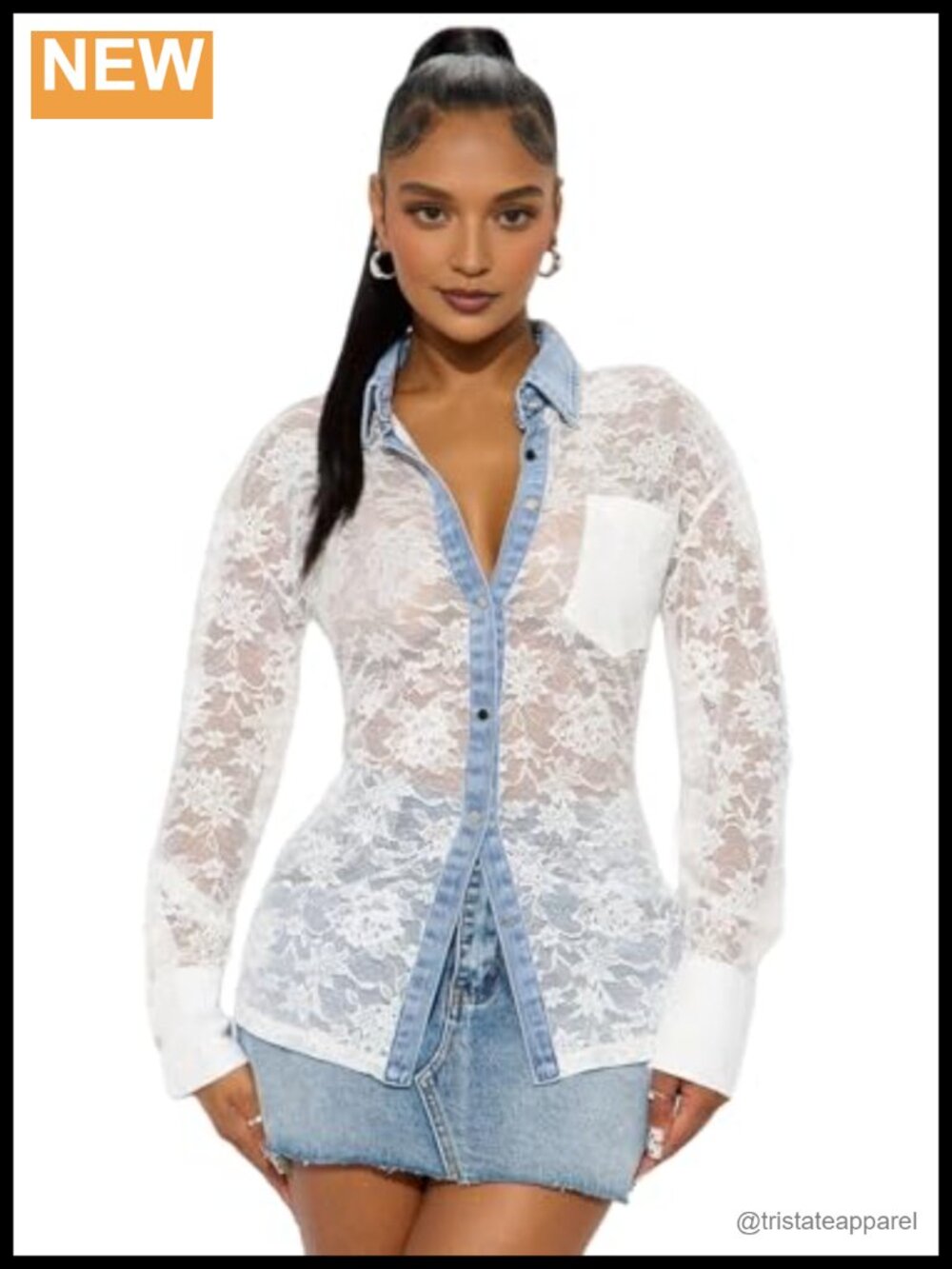 Denim Patchwork Lace Tie Blouse Long Sleeve Sheer Floral Button Up